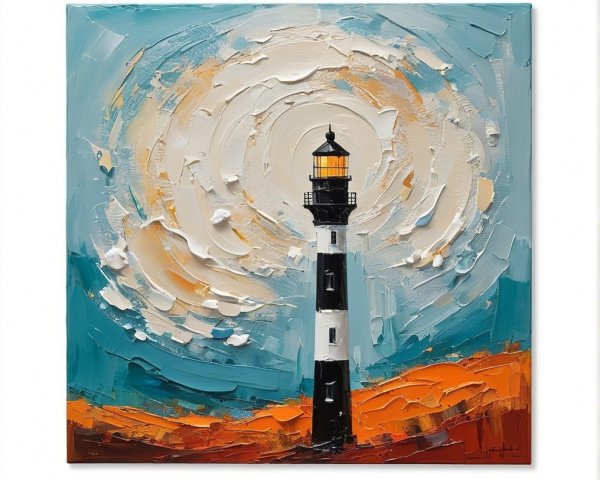 Vibrant Oil Painting of Lighthouse with Swirling Sky