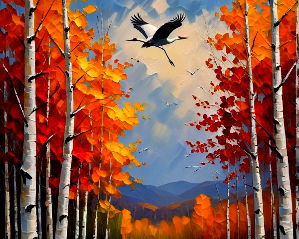 Autumn Landscape with Birch Trees and Cranes