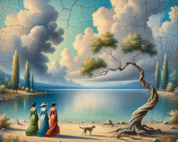 Lakeside Scene with Women in Vibrant Gowns and Dog