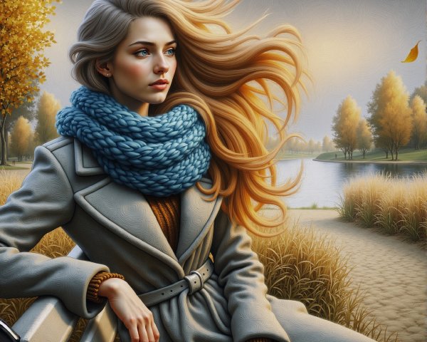 Young woman in autumn park with serene lake backdrop