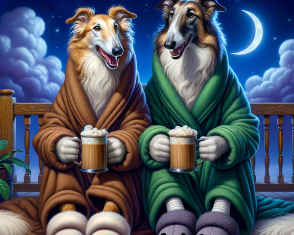 Collies in Robes on Porch Under Starry Night Sky