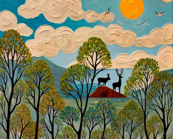 Serene Landscape with Deer, Stag, and Bright Sky
