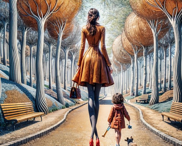 Tall Woman in Orange Dress Strolling in Scenic Path