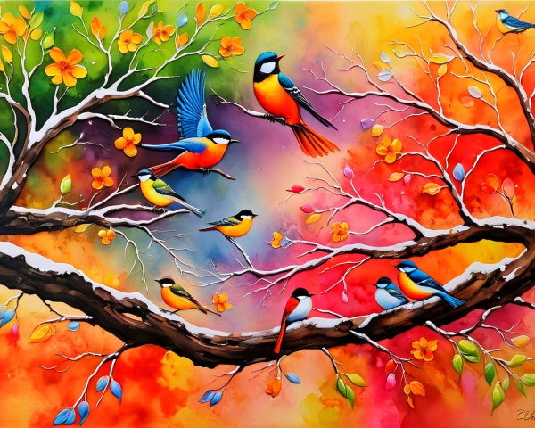 Colorful Painting of Birds on Blossoming Branch