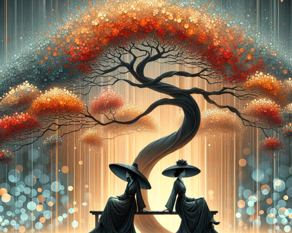 Elegant Figures Under a Stylized Tree with Orbs