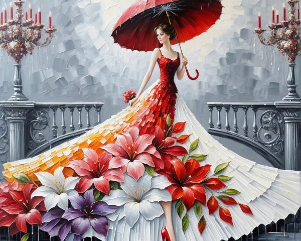 Elegant Woman with Red Umbrella and Floral Gown
