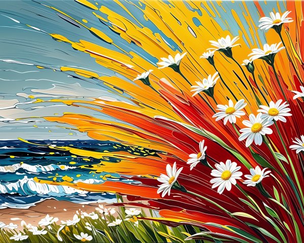 Vibrant Beach Landscape with Daisies and Sunset Colors