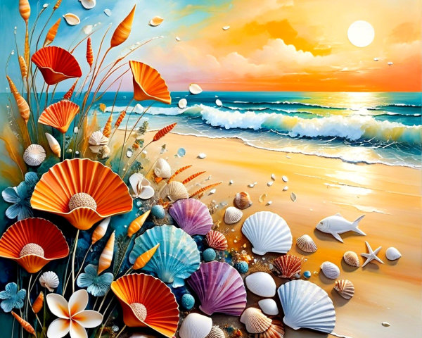 Vibrant Beach Sunset with Seashells and Flowers