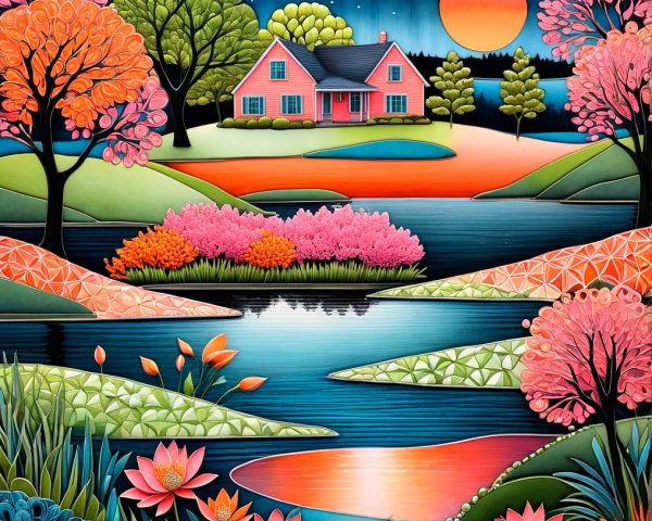 Vibrant landscape with pink house and serene pond