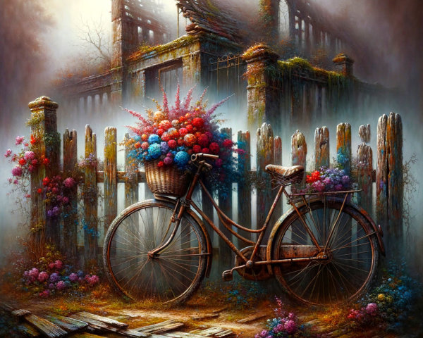 Weathered Bicycle by Rustic Fence with Flowers and Mist