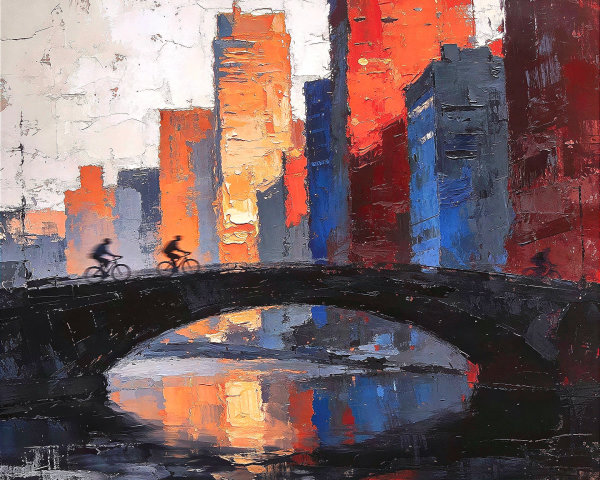 Impasto Oil Painting of Bicycles on Dark Bridge