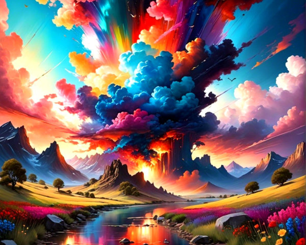 Vibrant Landscape with Colorful Sky and Mountains