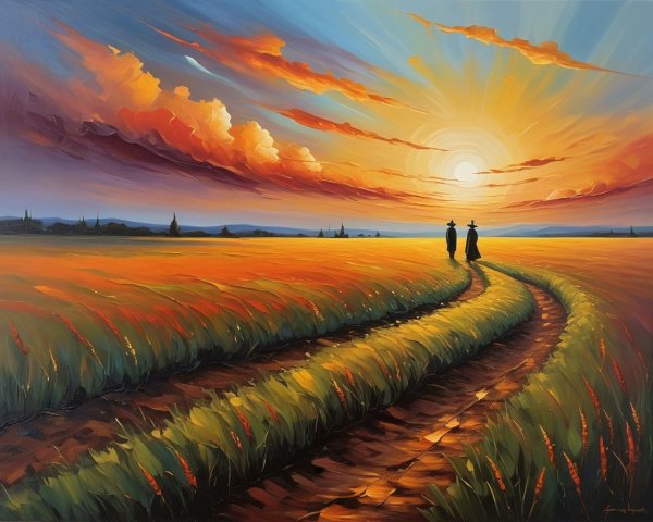 Tranquil Sunset Over Wheat Field with Silhouetted Figures