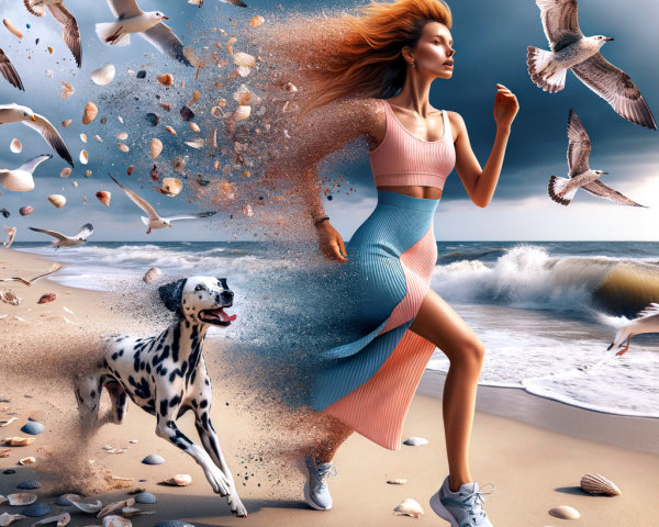 Happy Woman Running on Beach with Dalmatian Dog
