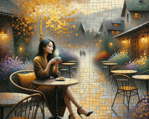 Serene Evening at Outdoor Café with Autumn Foliage