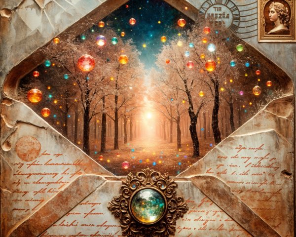 Ornate Envelope with Glowing Forest and Magical Elements