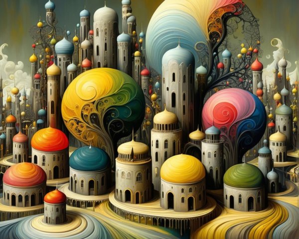 Whimsical Cityscape with Colorful Domes and Spirals