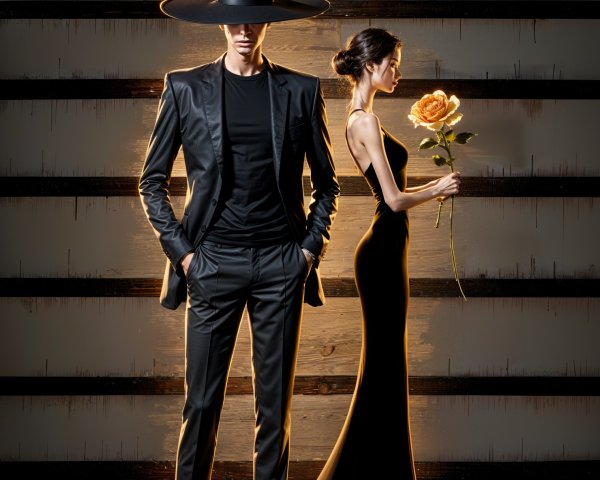 Fashion Scene with Black Suit and Gown in Dramatic Light