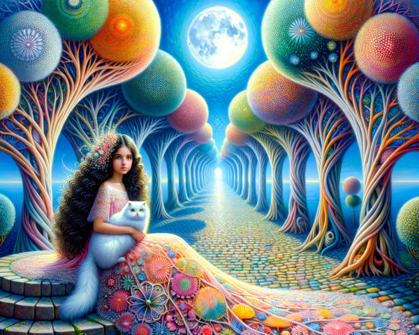 Surreal Landscape with Woman, Cat, and Colorful Trees