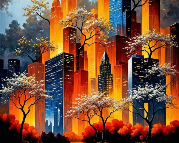 Fantastical Cityscape at Sunset with Vibrant Colors