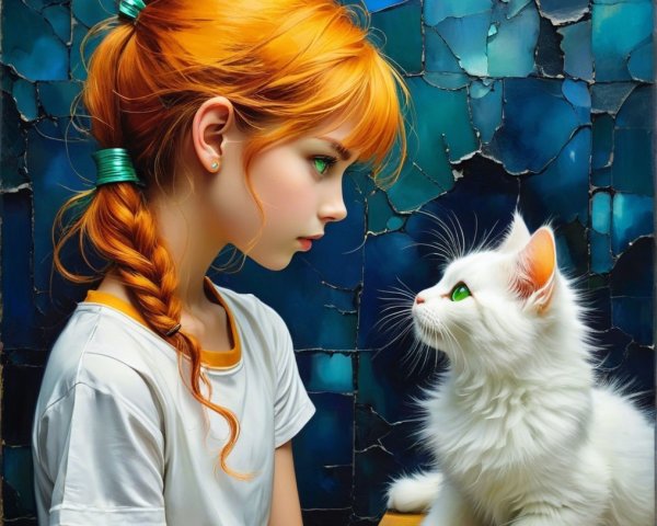 Young girl with orange braid and white cat connection