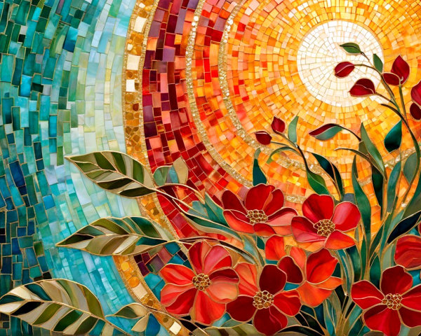 Vibrant Mosaic Artwork with Colorful Tiles and Nature