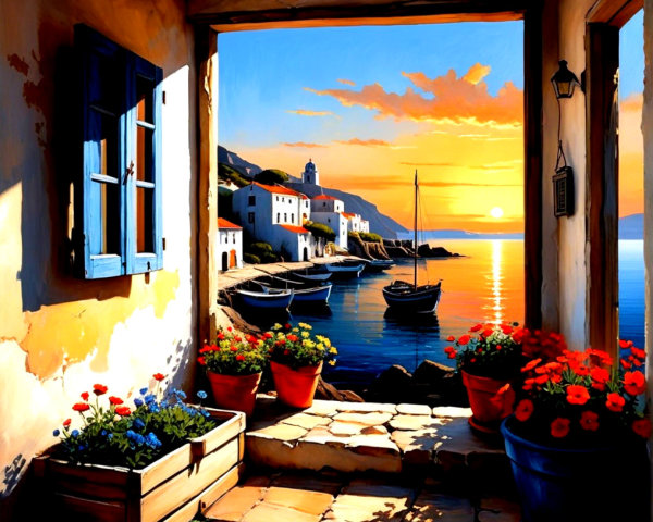 Vibrant Sunset Over Tranquil Harbor with Colorful Boats