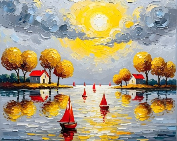 Vibrant landscape painting of a serene lake at sunset