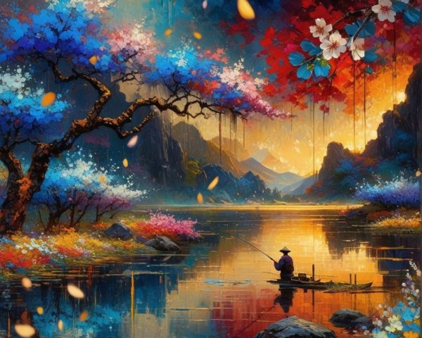 Serene Fisherman in Colorful Sunset Landscape