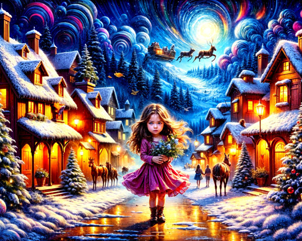 Winter Wonderland Village Scene with Young Girl