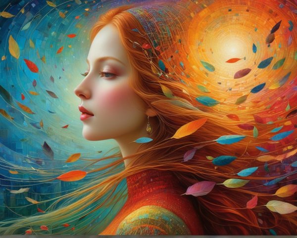 Vibrant fantasy portrait of a woman with colorful hair