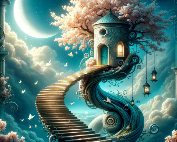 Whimsical Tree House with Spiraling Staircase and Moon