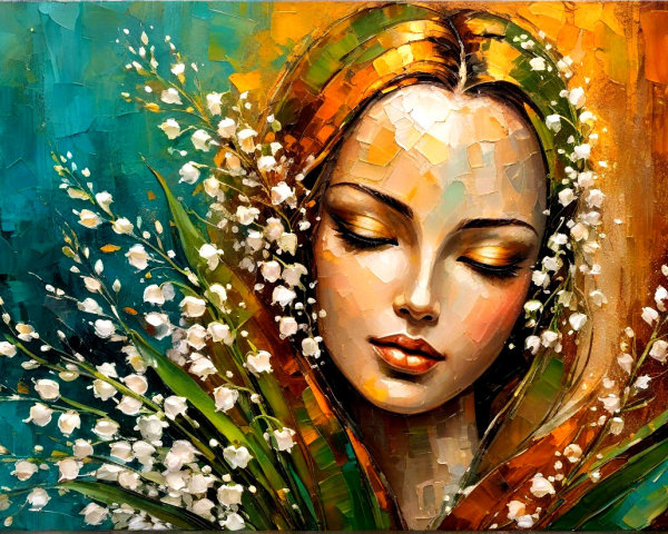 Serene Woman Surrounded by White Flowers and Colors