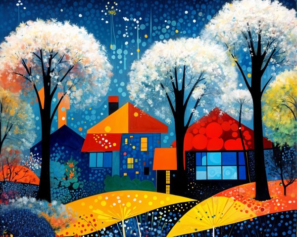 Vibrant Landscape with Colorful Houses and Whimsical Trees