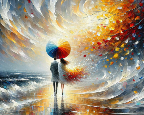 Couple on Beach Under Colorful Umbrella in Autumn Sky