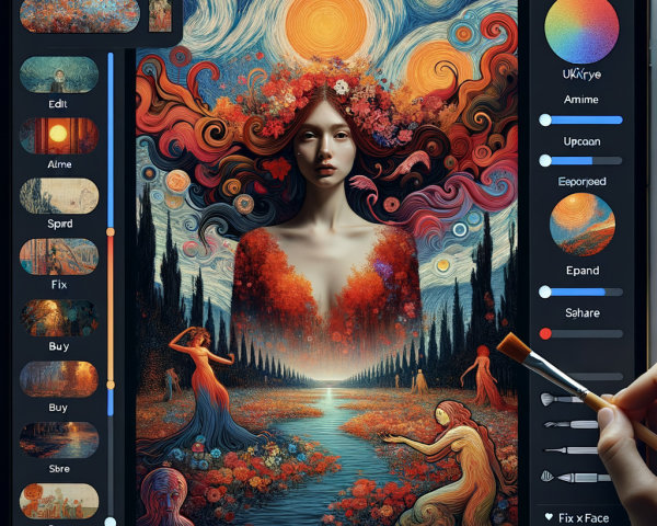 Surreal Artwork of Woman with Colorful Hair and Figures