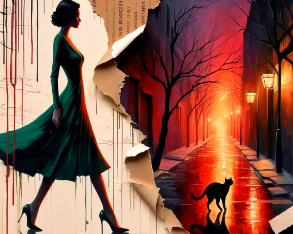 Digital Artwork of Woman in Green Dress in Alley Scene