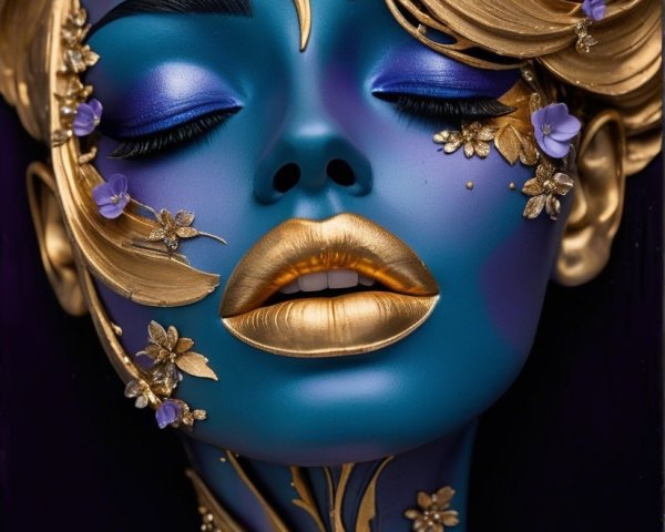 Close-up of a stylized blue-skinned face with gold accents