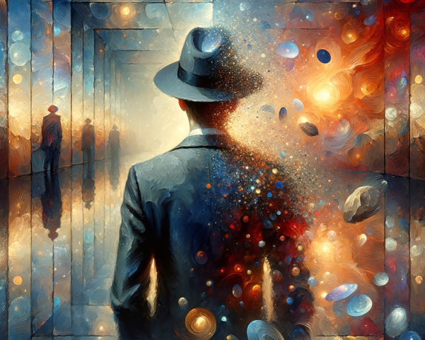Surreal Corridor with Cosmic Elements and Figures