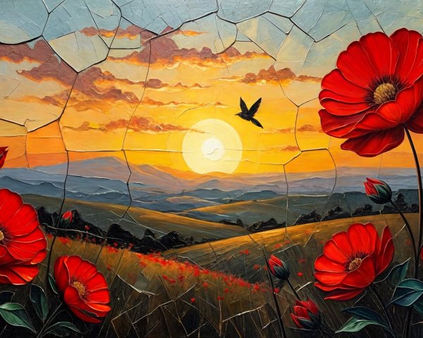 Golden Sunrise Over Rolling Hills with Red Flowers