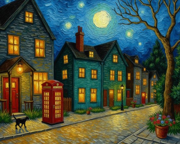 Charming Street Scene Under a Starry Night Sky