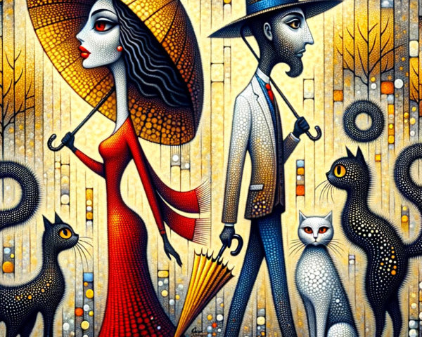 Stylized Scene of a Couple in Vibrant Landscape