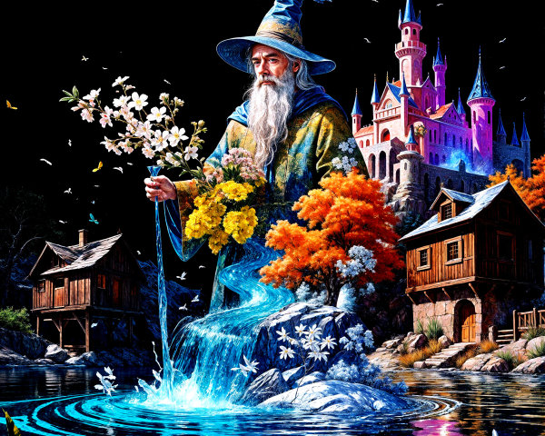 Majestic wizard by a shimmering stream in autumn landscape