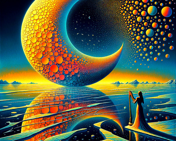 Surreal Landscape with Crescent Moon and Reflective Water