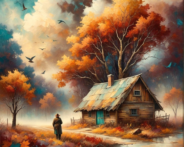 Quaint Cottage in a Vibrant Autumn Landscape