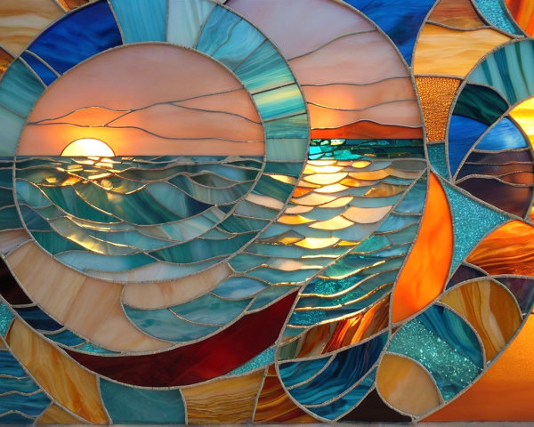 Vibrant Stained Glass Seascape at Sunset