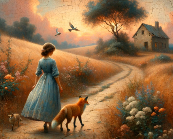 Young Girl in Blue Dress at Sunset Landscape