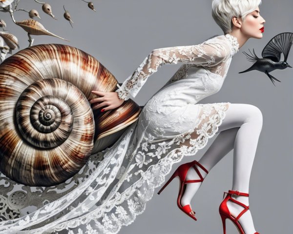 Model in white gown with snail shell and paper cranes