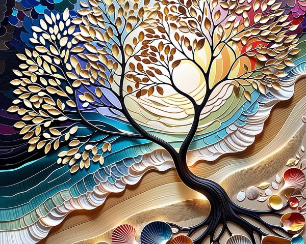 Textured Tree Against Vibrant Sunset and Shoreline