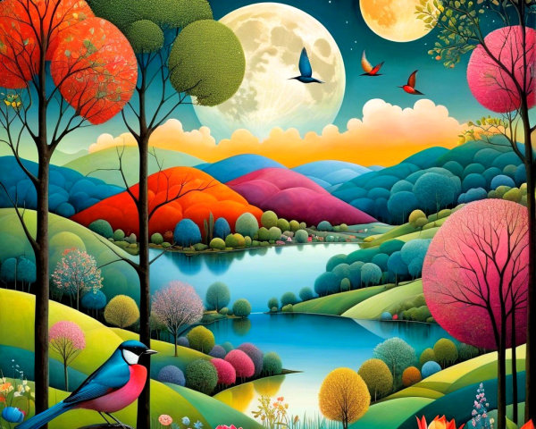 Vibrant Landscape with Colorful Trees and Moons